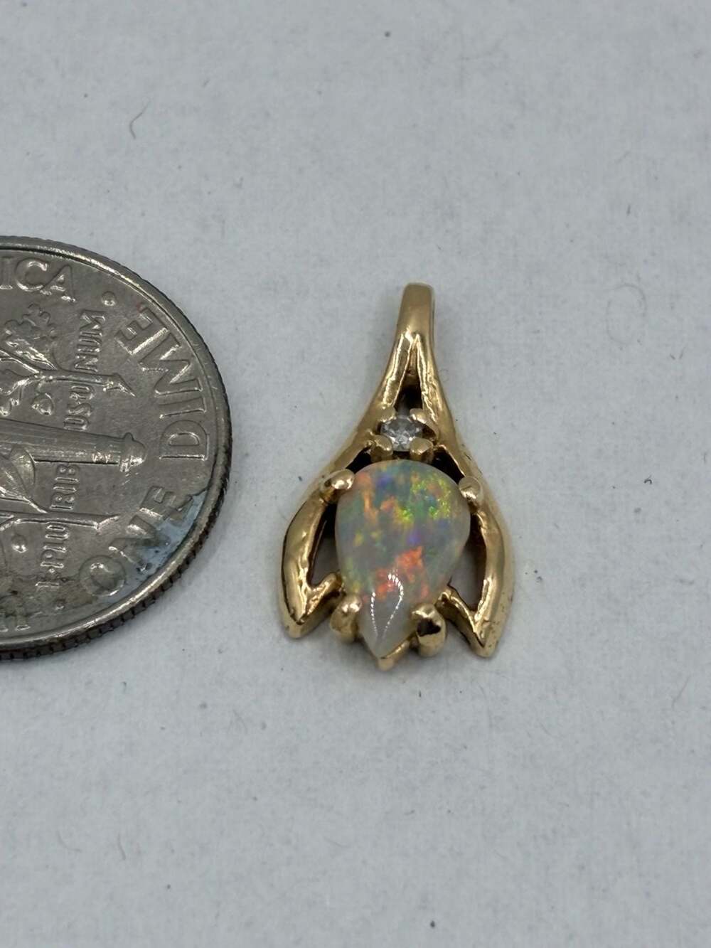 Vintage Yellow Gold Teardrop Opal and Diamond Pendant